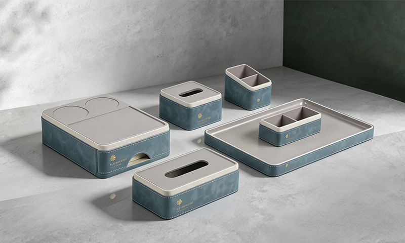 YTX-2602 mint green hotel amenity set with linen-texture panels - tray, tissue box and remote stand