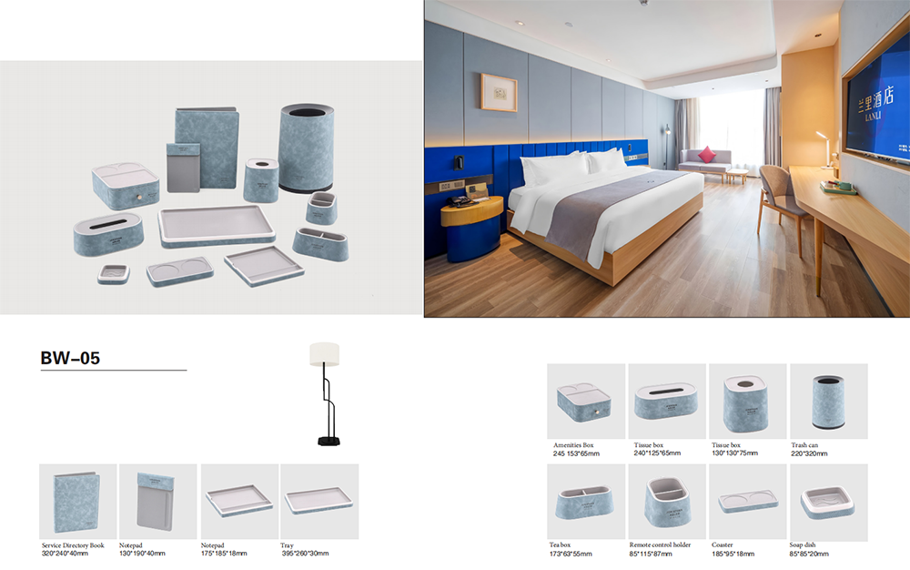 YTX-2602 mint green hotel amenity set with linen-texture panels - tray, tissue box and remote stand