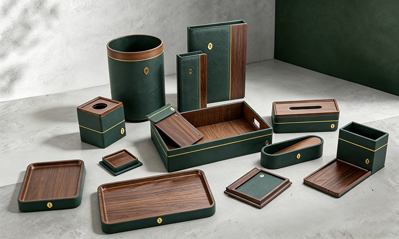 YTX-2605 dark wood-grain hotel amenity set - tray, tea bag box and trash can