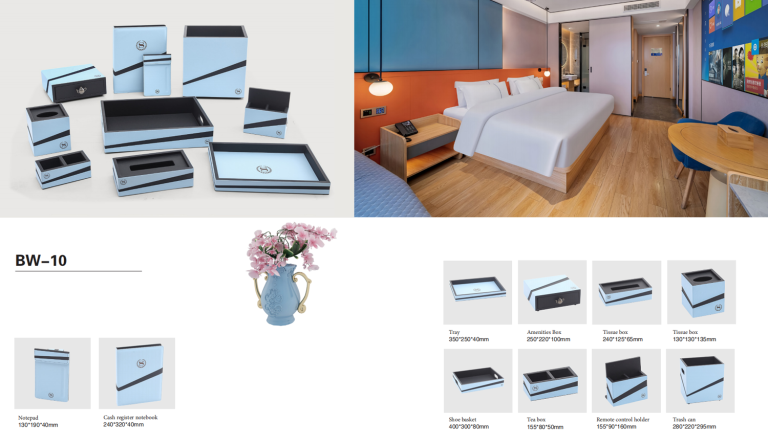 YTX-2508 frosted smoke grey hotel set - lotion bottle, tray, tea bag box and trash can - detail view