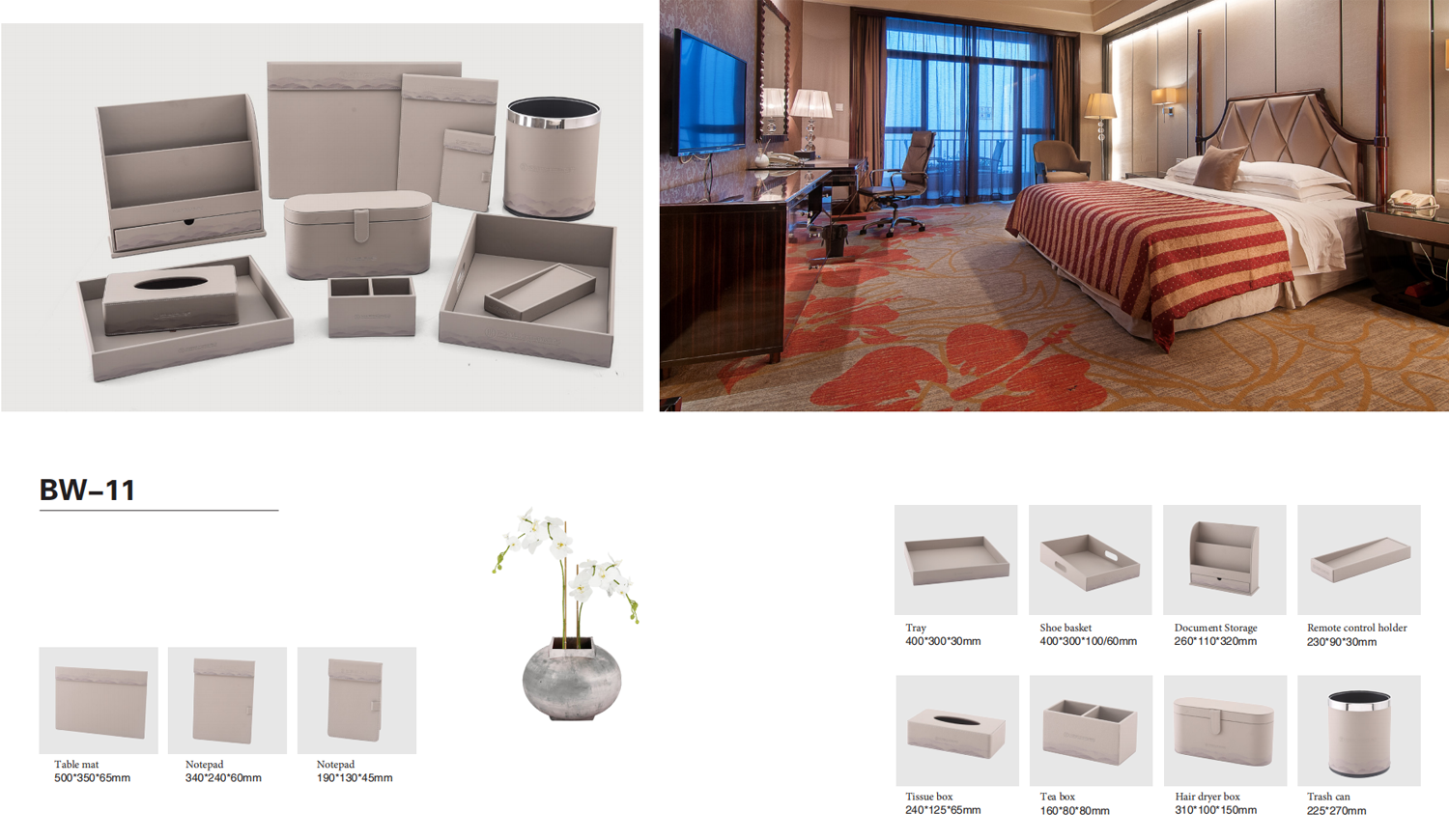 YTX-2507 gloss white hotel guest room set - vase, memo pad holder and trash can
