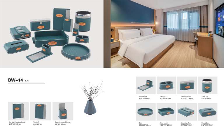 YTX-2504 terrazzo-effect hotel amenity set - tray, tissue box and remote control stand - detail view
