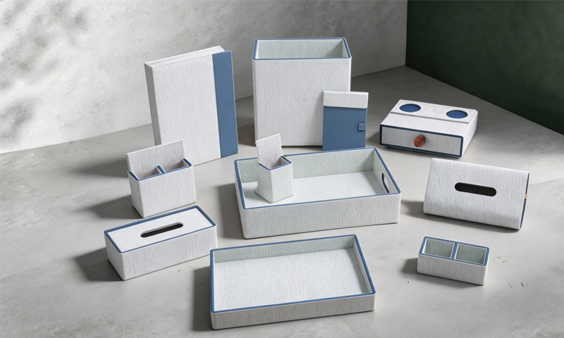 BW-52 YTX-2503 tan leather-look pebble grain hotel amenity set - tray, tissue box and remote stand