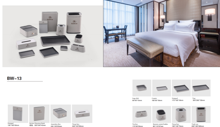 YTX-2505 blue and mint hotel room set with gold edges - ice bucket, tray and tissue box - detail view