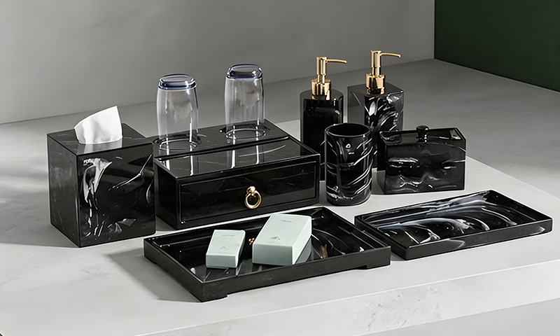 YTX-2608 cane-look hotel amenity set on bronze-brown frames - tissue box, tea bag box and coaster