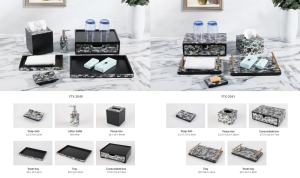YTX-2524 coral hotel amenity set with frosted edges - drawer box, tea bag box and tissue box - detail view