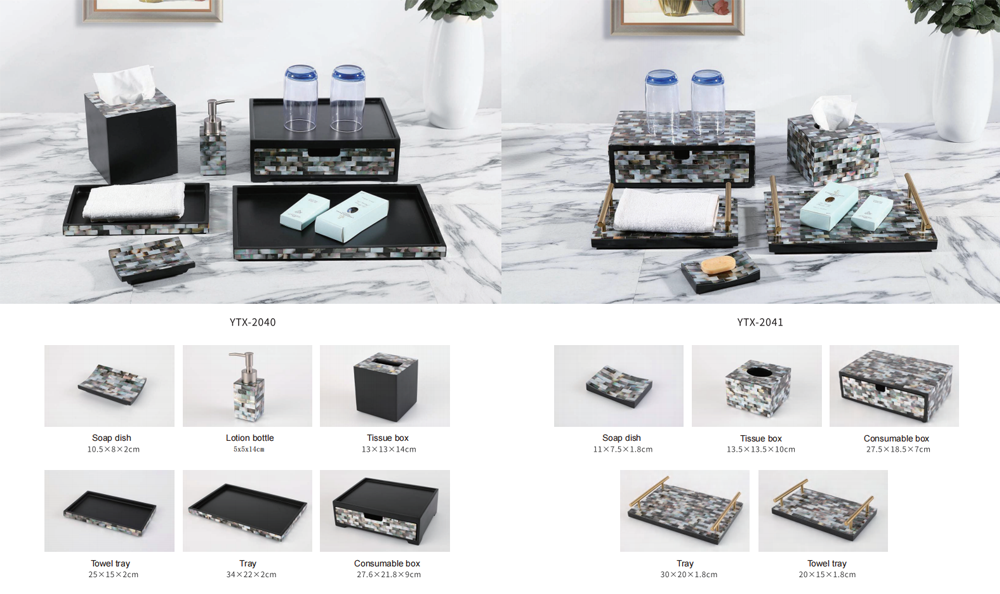 YTX-2524 coral hotel amenity set with frosted edges - drawer box, tea bag box and tissue box