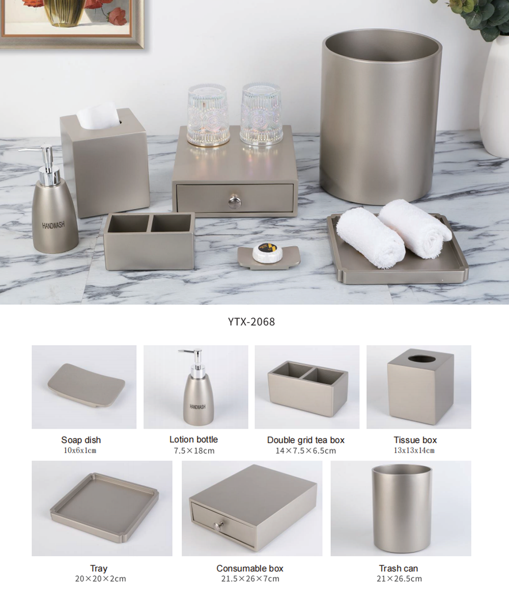 YTX-2522 mottled greige stone-look hotel set - handled tray and tissue boxes