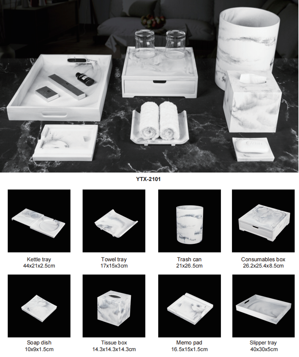 YTX-2521 cork-look speckled cream hotel set - tissue box, toothbrush holder and trash can