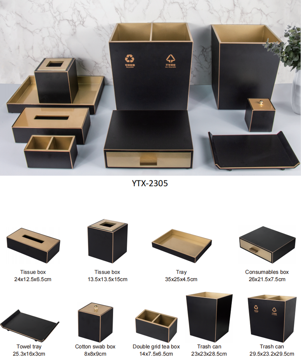 YTX-2520 black and white hotel guest room set - trash can and tea bag box