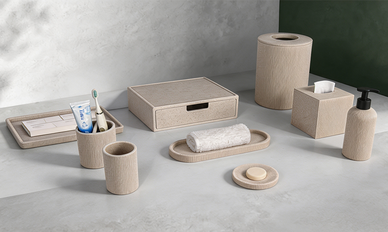 YTX-2506 YTX-2514 mottled charcoal stone-effect hotel set - tissue box, trash can and remote stand