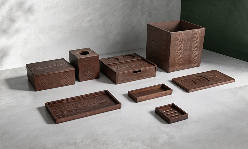 YTX-2529 YTX-2510 walnut wood-grain hotel room set with clay-tone trays