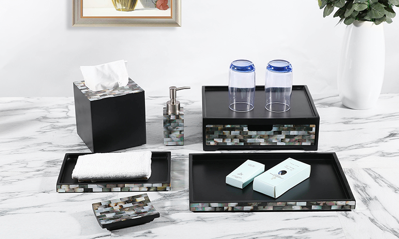 YTX2040 YTX-2524 coral hotel amenity set with frosted edges - drawer box, tea bag box and tissue box