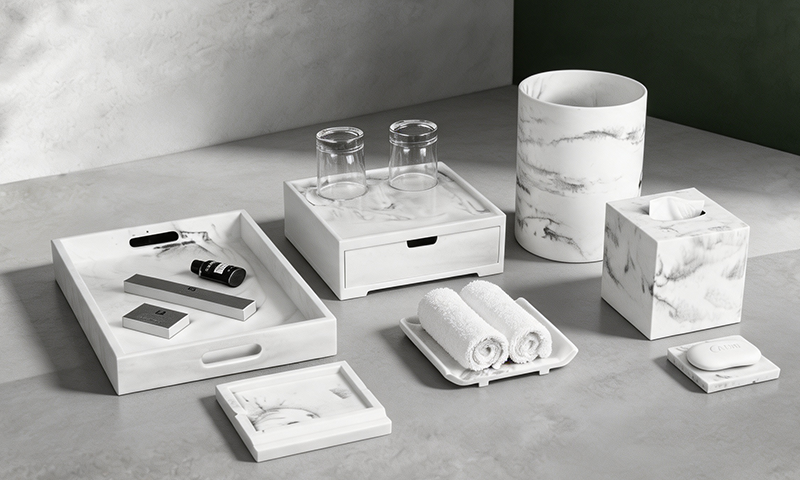 YTX2101 YTX-2521 cork-look speckled cream hotel set - tissue box, toothbrush holder and trash can