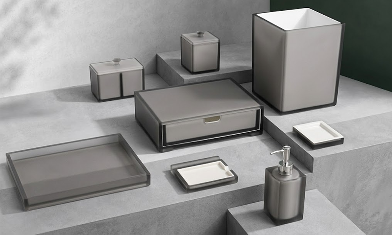 YTX-2530 rose-veined marble-effect hotel set - tray, tissue box and trash can