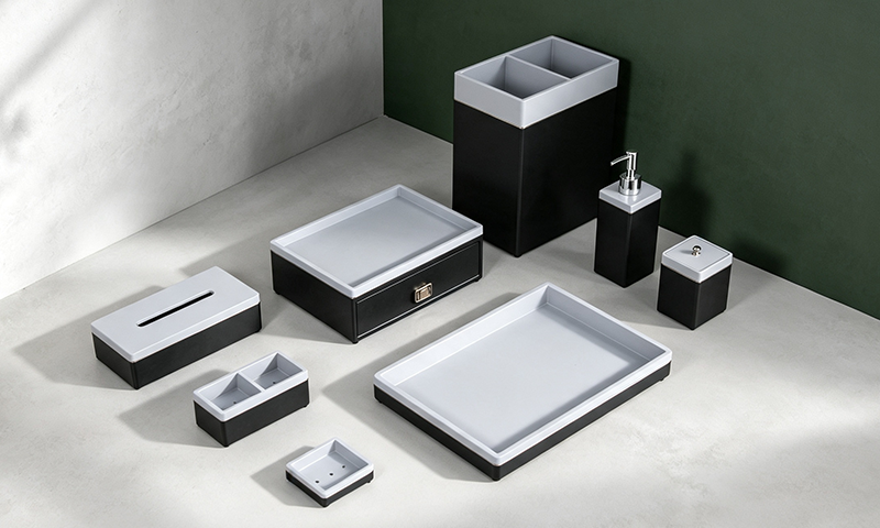 YTX-2515 two-tone black and light grey hotel set - tray, tissue box and trash can