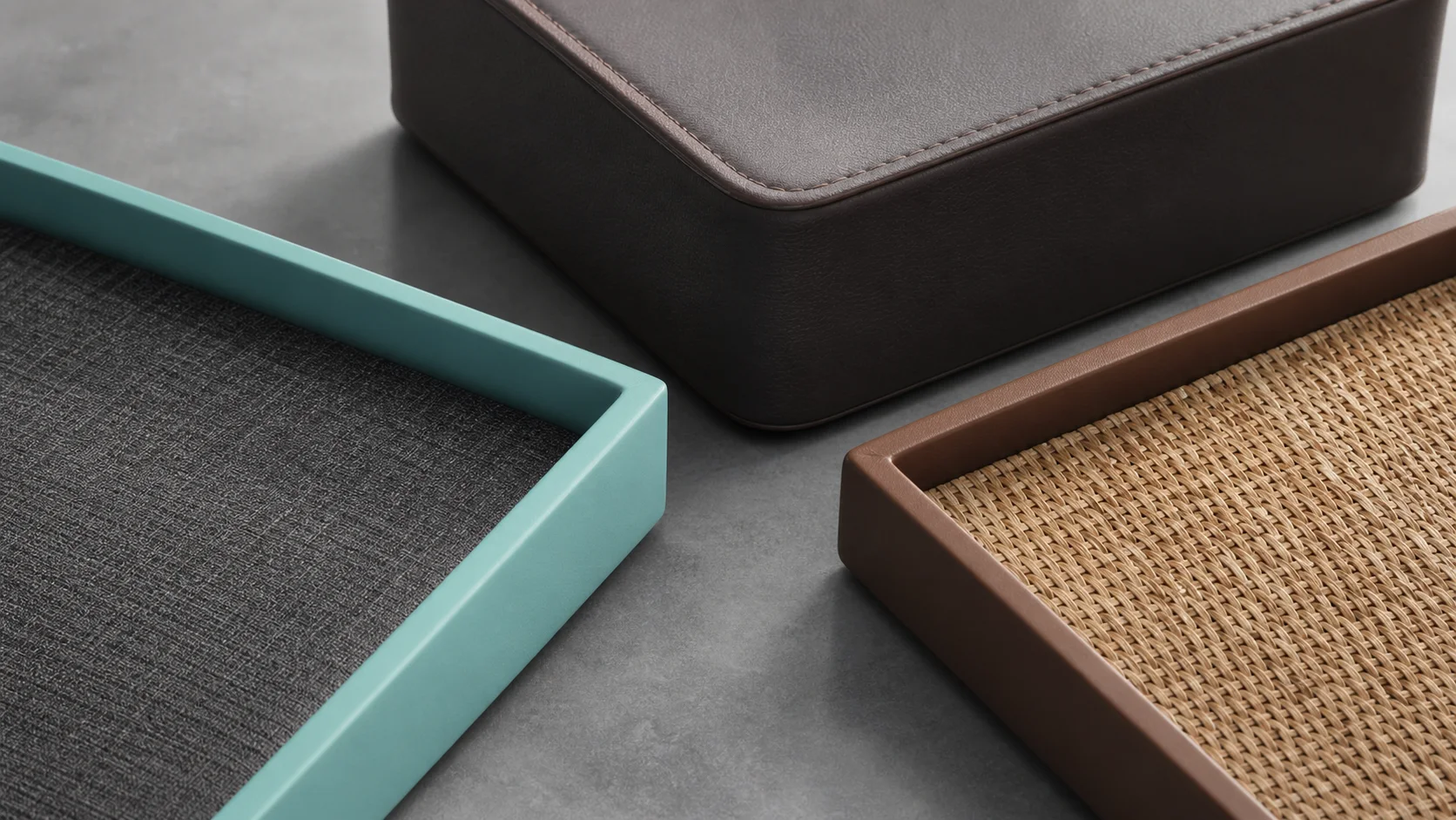 Concept material study of resin leather and woven hotel accessory finishes