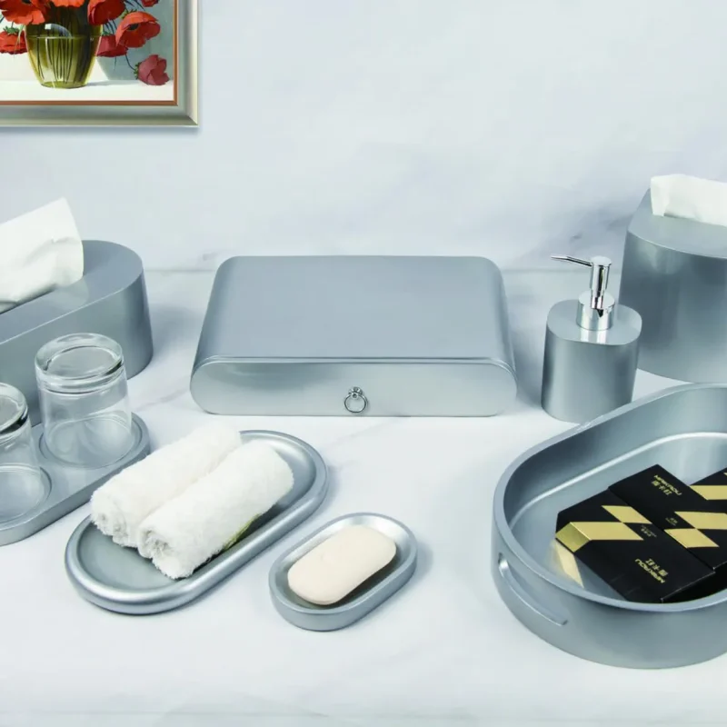 YTX-2077 hotel amenity set with towel tray, lotion bottle, tissue box