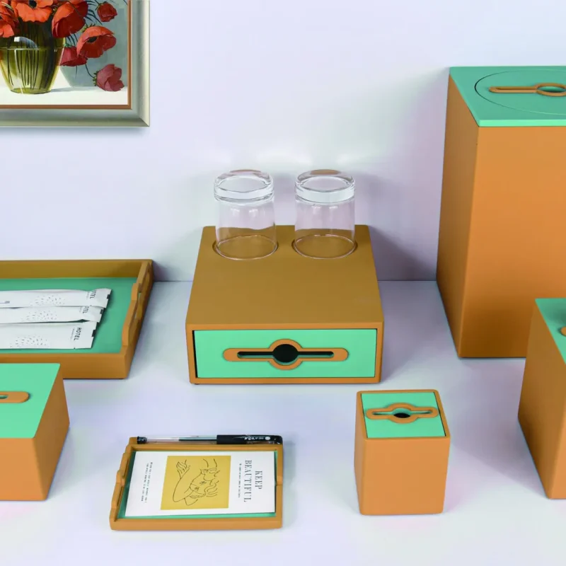 YTX-2525 hotel amenity set with memo pad, tissue box, consumables box