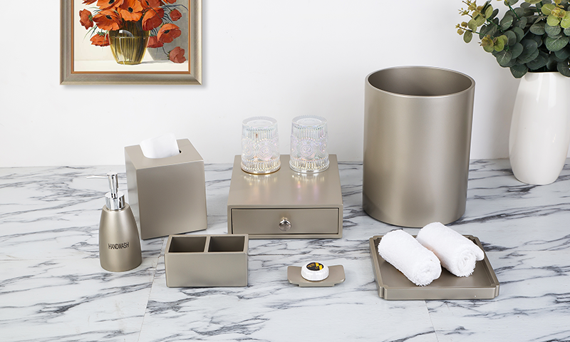 YTX-2522 mottled greige stone-look hotel set - handled tray and tissue boxes