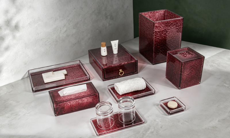 YTX-2517 translucent plum hotel amenity set with rippled texture