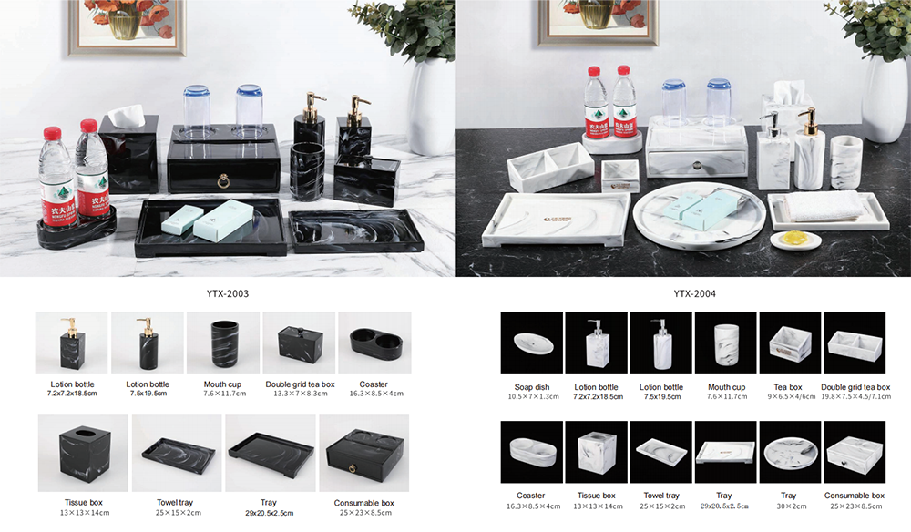 YTX-2608 cane-look hotel amenity set on bronze-brown frames - tissue box, tea bag box and coaster