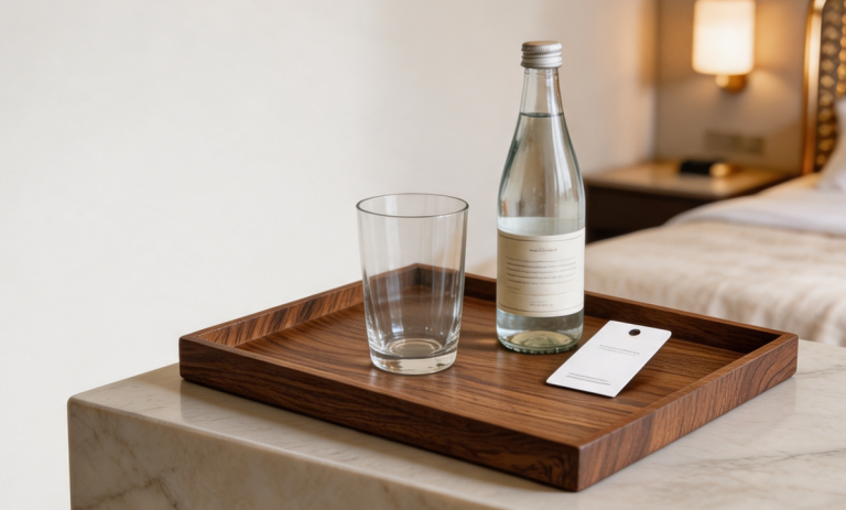 Polyresin hotel tea serving tray with handles for guest rooms and restaurants