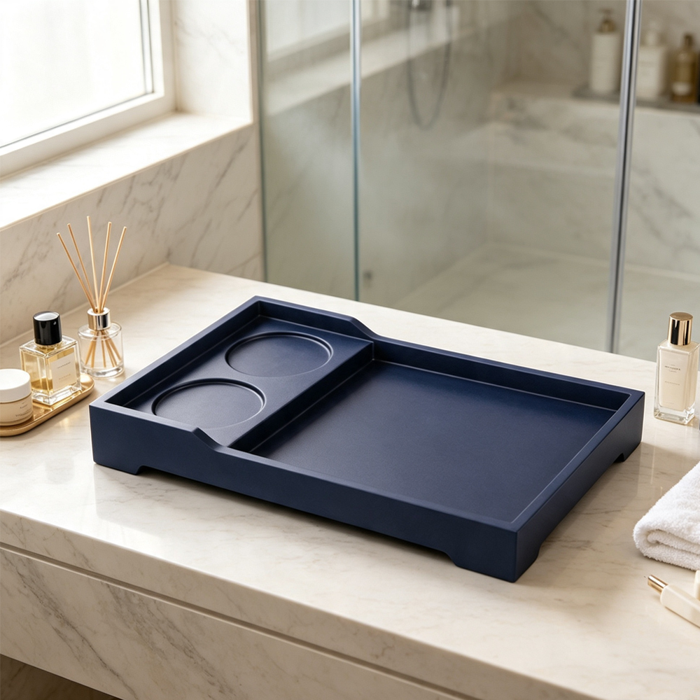Resin serving tray for hotel bathroom amenities
