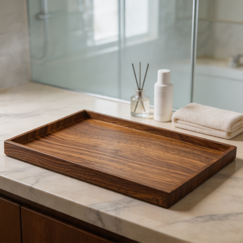 Polyresin hotel tea serving tray with handles for guest rooms and restaurants