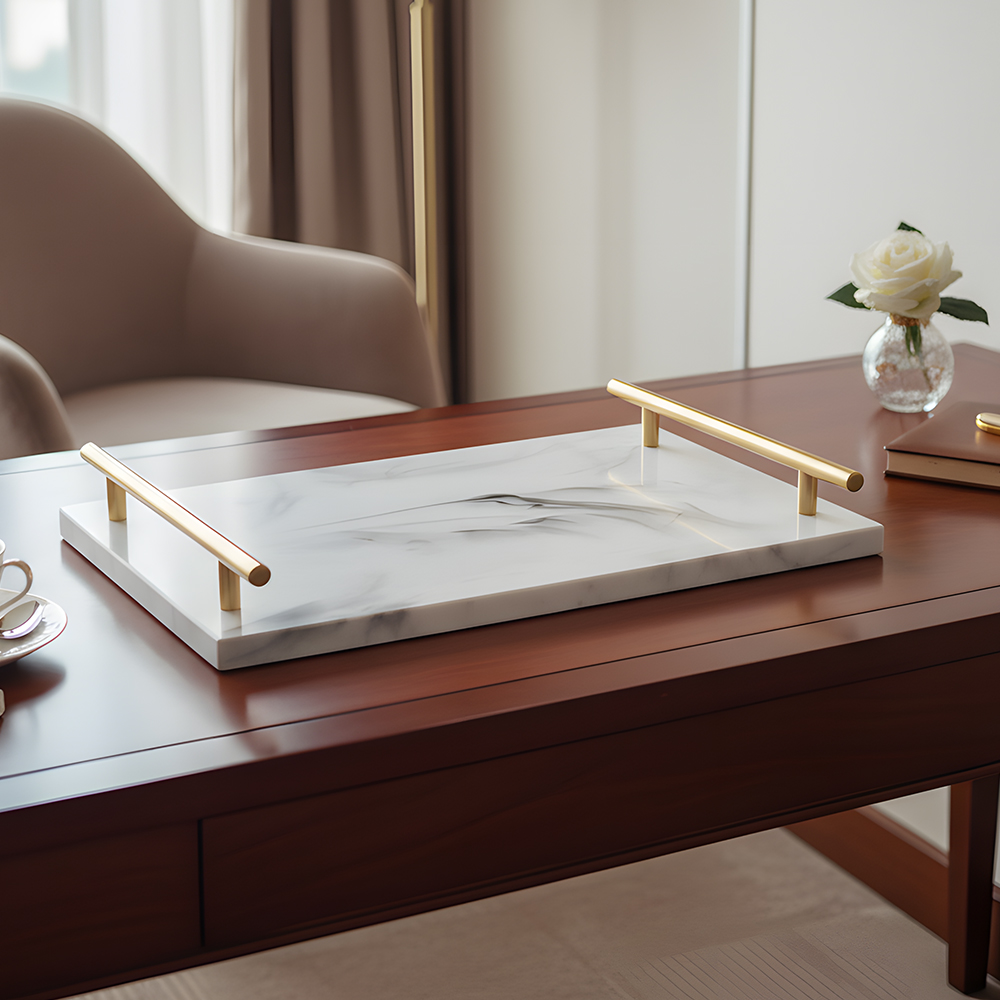 Marble-effect resin serving tray for hotel bathroom amenities and storage