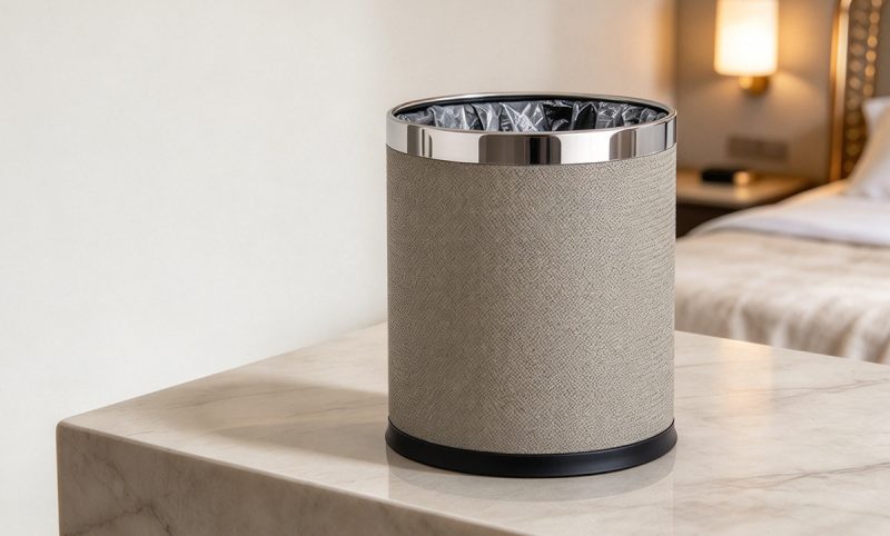 PLJ-02 (1) Beige Textured Leather Waste Bin Hotel Trash Can-PLJ-02