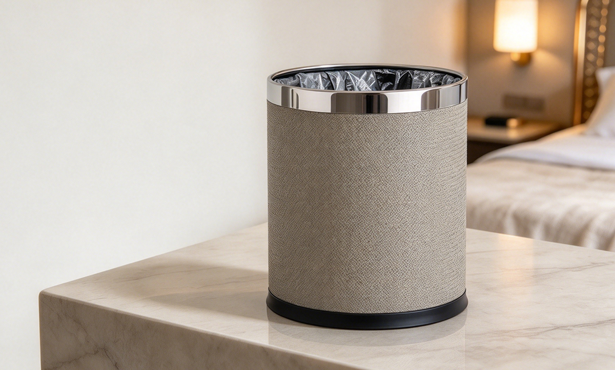 Beige Textured Leather Waste Bin Hotel Trash Can-PLJ-02