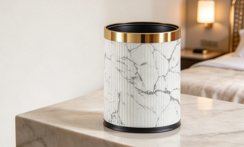 PLJ-03 (1) Fluted Marble Leather Round Trash Can-PLJ-03
