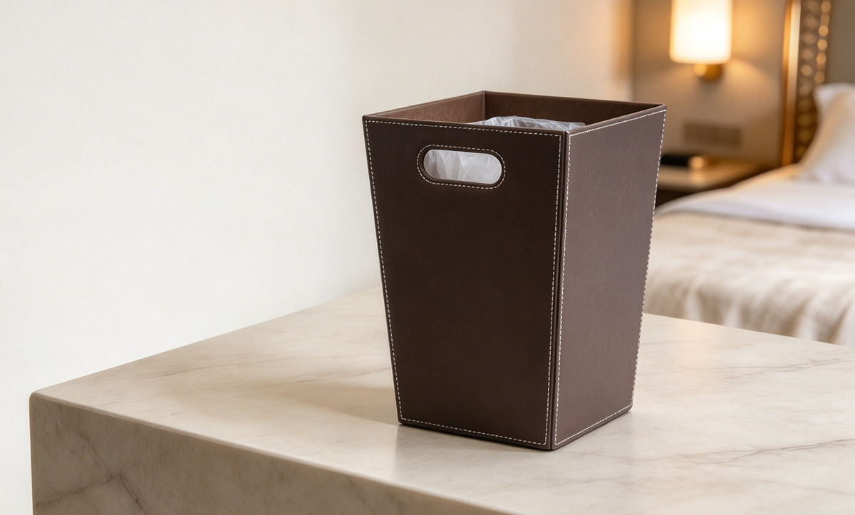 Leather Hotel Trash Can with Cutout Handles-PLJ-05